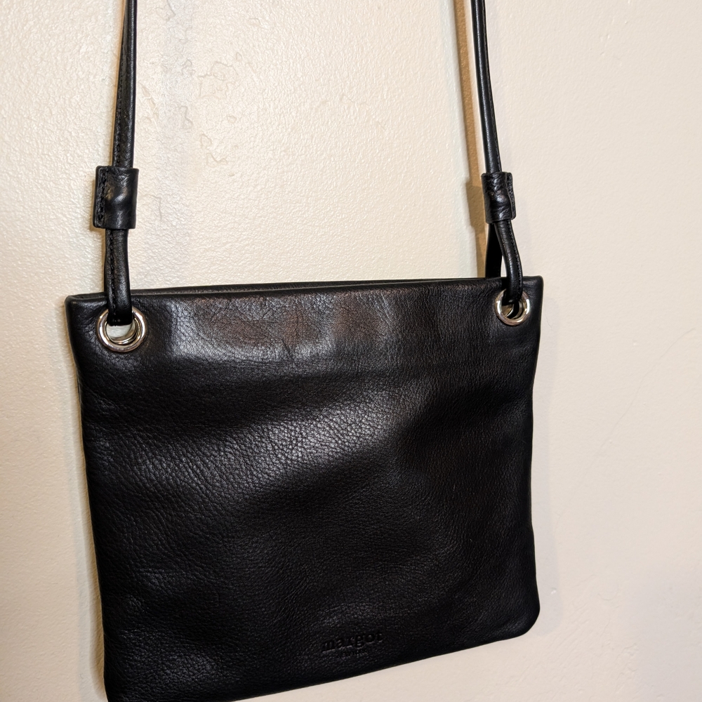 Margot New York Black Leather Crossbody Bag Small Minimalist Purse Long Strap - Picture 9 of 9